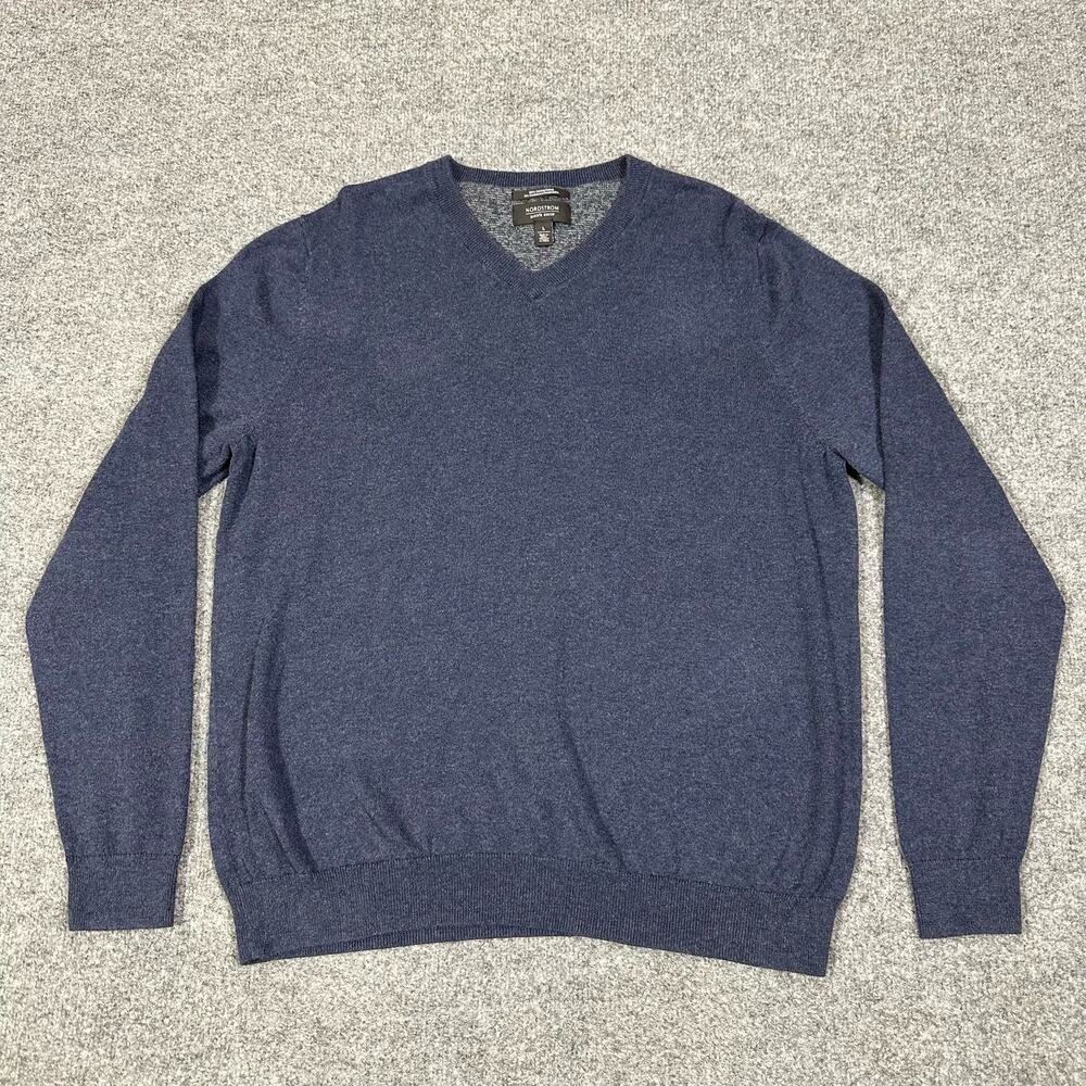 Nordstrom Men’s Shop V Neck Pullover Sweater Blue Large Cotton Blend Cashmere